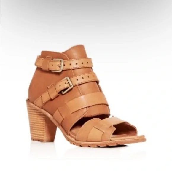 NEW Sorel Nadia Buckle Heel Sandal Camel Brown Leather Boho Chunky Size 8.5 - Picture 3 of 13